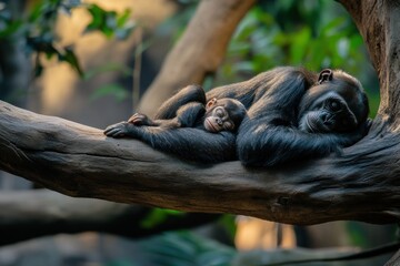 Poster - A mother chimpanzee and her baby sleep peacefully nestled together on a tree branch.