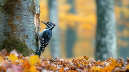 Poster - White-backed woodpecker foraging on a tree trunk in an autumnal forest.