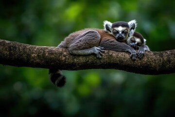Poster - Two ring-tailed lemurs cuddling and sleeping on a tree branch.