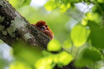 Poster - Red titi monkey resting on a tree branch in lush green foliage.