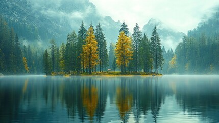 Wall Mural -   A foggy forest surrounds a water body