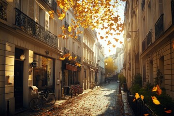 Poster - Sunlit Parisian street in autumn, with falling leaves, bicycles, and shops.