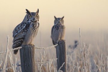 Poster - Two majestic owls perched on frosty fence posts at sunrise, gazing intently.