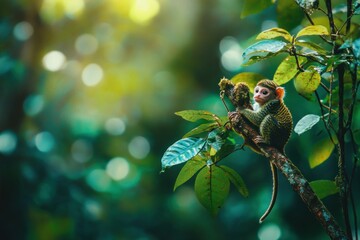 Poster - Adorable baby monkey perched on a tree branch in a lush green forest, sunlight filtering through leaves.