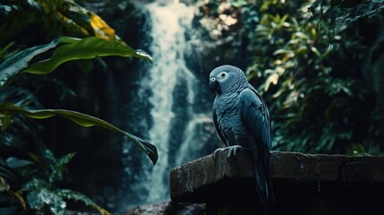 Poster - Gray parrot perched on a rock near a waterfall in a lush tropical forest.