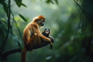 Poster - A mother monkey tenderly cradles her infant on a tree branch in a lush, green rainforest.