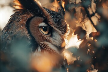 Poster - Majestic owl portrait at sunset, partially hidden behind autumn leaves.