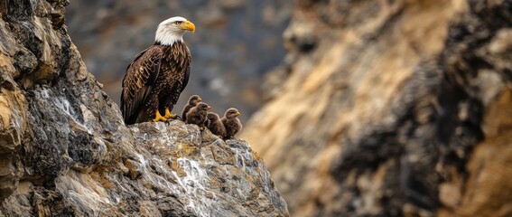 Poster - Bald eagle and its eaglets perched on a rocky outcrop.