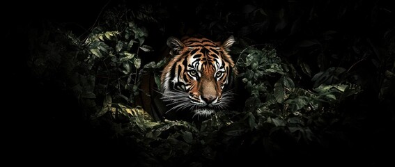 Poster - Majestic tiger peering from lush foliage in dark jungle habitat.