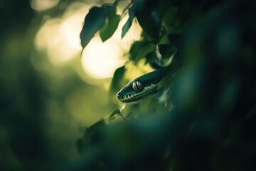 Poster - A green snake hides amongst lush green foliage, sunlight illuminating its eye.
