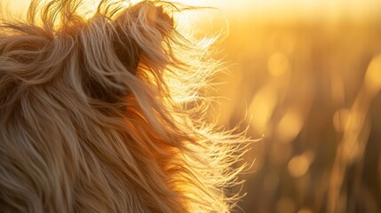 Aufkleber - Golden fur of a dog, backlit by warm sunset light in a field.