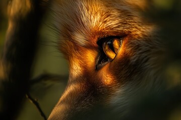 Poster - Close-up of a red fox's eye, partially hidden behind branches, illuminated by sunlight.