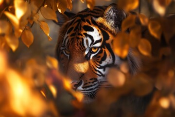Poster - Majestic tiger's face peering through autumn leaves.