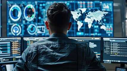 Aufkleber - In a high-tech control room, an individual analyzes global data trends using multiple screens. The display shows interactive maps and various analytical tools.