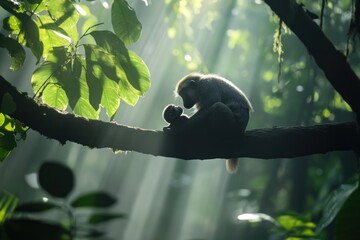 Poster - Monkey mother tenderly cradles her baby on a sunlit tree branch in a lush green forest.
