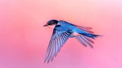 Aufkleber - Blue bird in flight against a soft pink background.
