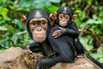 Aufkleber - A mother chimpanzee gently carries her baby on her back, perched on a rock in a lush green forest.