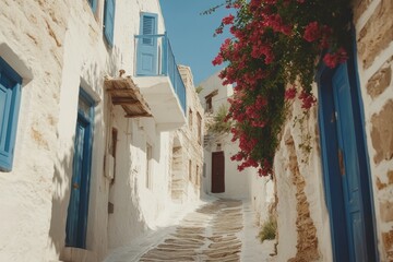 Aufkleber - Sunny Greek island street with whitewashed houses, blue doors, stone steps, and vibrant bougainvillea.