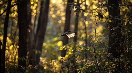 Poster - A small bird in flight through a sunlit forest.