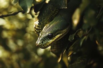 Poster - Green tree python coiled around branches, camouflaged in lush foliage.