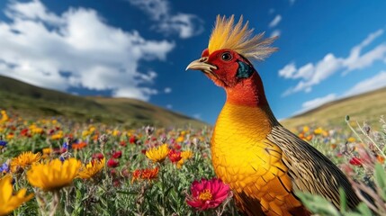 Poster - Golden pheasant in vibrant wildflowers against a blue sky.
