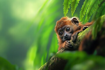 Poster - Adorable baby monkey resting on a tree branch in a lush green rainforest.