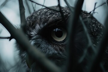 Poster - Close-up of an owl's eye peering through branches.