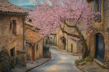 Aufkleber - Charming spring street scene in a picturesque stone village with blossoming pink tree.