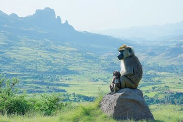 Poster - Adult and baby baboon sitting on rock overlooking scenic mountain valley.
