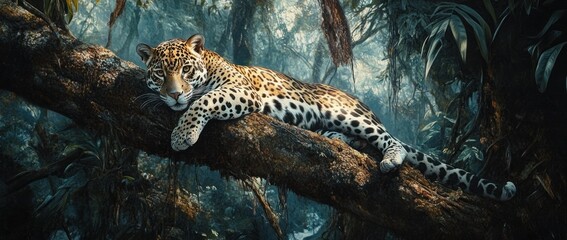 Poster - Young jaguar resting on a tree branch in a lush rainforest.