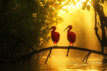 Poster - Two scarlet ibises perched on a branch in a misty mangrove forest at sunrise.