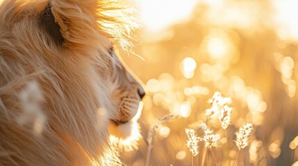 Aufkleber - Majestic white lion's profile at sunset, backlit by golden light, in tall grass.