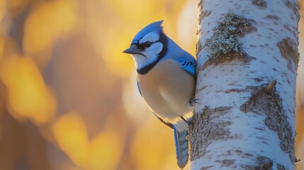Poster - Blue jay perched on birch tree trunk, autumn background.