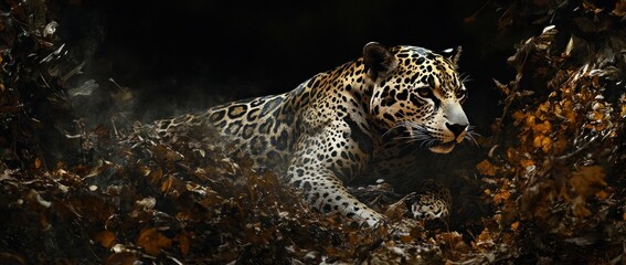 Poster - Majestic jaguar hidden in autumn leaves, nighttime scene.