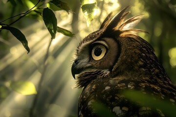 Poster - Majestic owl perched on branch, sunlit foliage background.