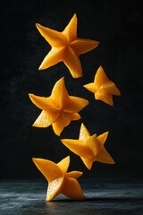 Poster - Five star fruits levitate against a dark background.