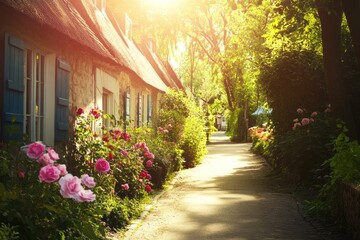 Poster - Sunny path between charming stone houses with blooming roses.