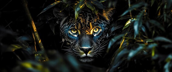 Poster - A jaguar's intense gaze from within a dark, lush jungle.