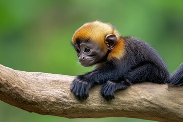 Poster - Adorable golden-headed langur monkey baby sitting on a tree branch in a lush green forest.