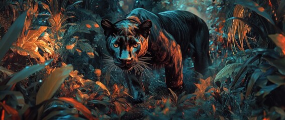 Poster - Black panther stalking through lush, vibrant jungle foliage.