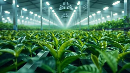 Poster - Rows of vibrant green tea plants thrive in a spacious greenhouse enhanced by bright artificial lighting. The environment is ideal for cultivation, promoting healthy growth.