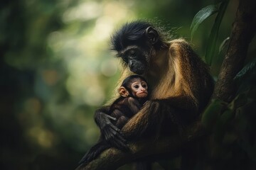 Poster - A mother monkey tenderly cradles her infant in a lush green forest.