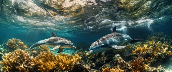 Aufkleber - Two dolphins swim over a vibrant coral reef in clear, sunlit water.
