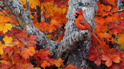 Poster - A vibrant male northern cardinal perched on a tree branch amidst a backdrop of fiery autumn leaves.