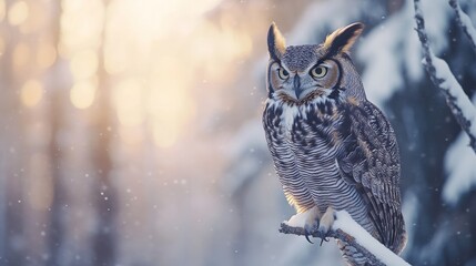 Poster - Majestic great horned owl perched on snow-covered branch during winter sunset.