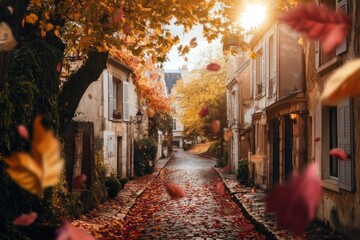 Poster - Sunlit autumnal street scene in Europe, leaves falling on cobblestone road.
