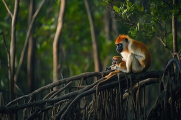 Poster - Red-shanked douc langur mother and baby sit on mangrove roots.