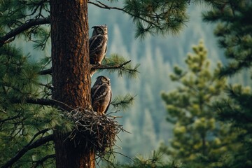 Poster - Two owls perched on a pine tree, one in a nest, the other on a branch, in a forest.