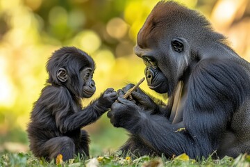 Poster - A Western lowland gorilla mother tenderly interacts with her baby, sharing a twig.