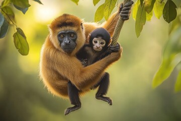 Poster - Red-shanked douc langur mother cradles her baby while hanging from a vine in a lush green forest.